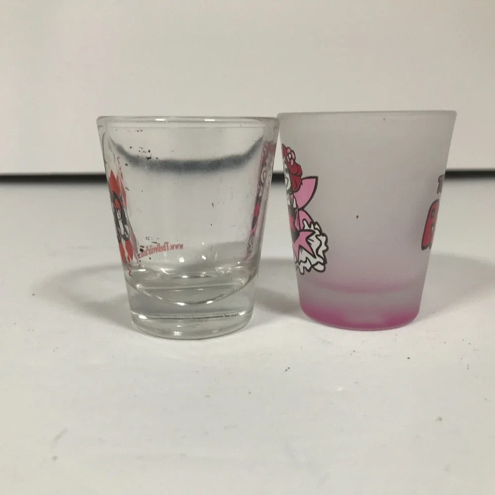 The Devils Panties Comic Shot Glass Set Clear Frosted Pink Fairy Graphic Barware